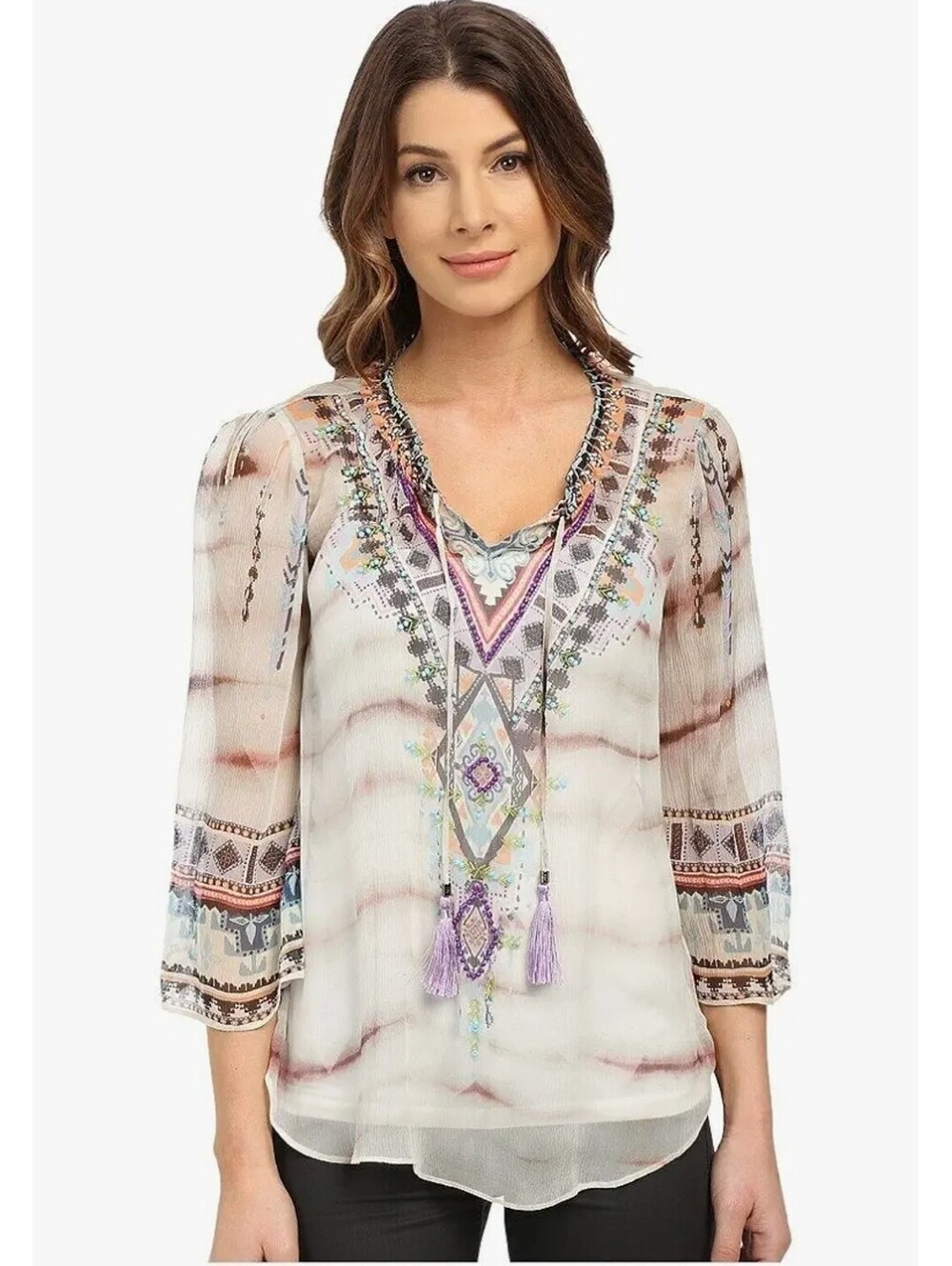 Hale Bob Women's Wearable Art Silk Crinkle Chiffon Beaded Detail Blouse Size M